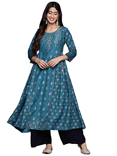 Image of ishin Women's Silk Teal Embellished Foil Print A-Line Flared Kurta