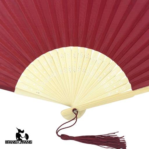 Image of Fabric Handheld Folding Hand Fan with a Tassel Grade A Bamboo Ribs for Women Girls Summer Party Event Favor Birthday Wedding Souvenir Gift (Dark Red)