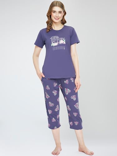 Image of ZEYO Night Suit for Women's Heart Printed Cotton Night Dress of Top and Capri Set 5747