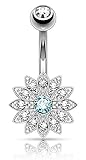 Forbidden Body Jewelry Surgical Steel Crystal Paved Petite Flower Belly Ring with Aqua Crystal Center