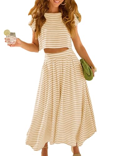 Zontroldy Women's Summer 2 Piece Outfits Striped Skirt Sets Cap Sleeve Crop Top Midi Dress Matching Travel Outfits(1535-Khaki-L)
