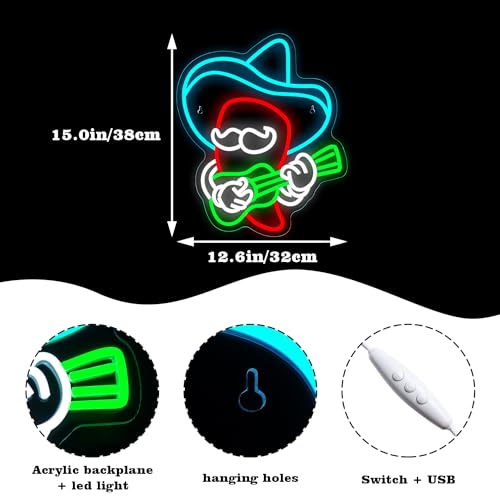 Image of Cowboy Hat Chili Guitar Neon Sign Anime Pepper Led Neon Signs Neon Bar Signs for Wall Decor USB Light Up Sign Neon Beer Signs for Home Bar Man Cave Party Club Kids Room