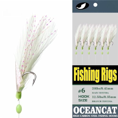 10/20/50/100 Packs 3 Feather & Fish Skin 6 Hooks Saltwater Fishing Rigs with String Hook Lure Bait Tackle Jig (1/0#, 50 Packs)