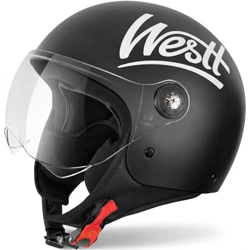 Westt Casco Moto Jet Hombre Mujer - Ligero 1100g con Visera Transparente - Homologación ECE 22.06 - Interior Desmontable y Lavable - Tallas S (55-56cm), M (57-58cm), L (59-60cm), XL (60-61cm)