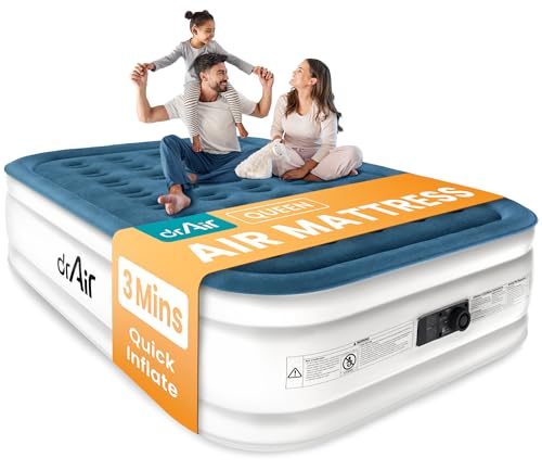 Dr. air Queen Air Mattress with Built-in Pump, 18” Raised Blow Up Mattress - 800 lbs Max Honeycomb Design, 3-Min Inflation, Waterproof Velvety Top, Ideal for Home, Guests & Camping, Colchon Inflable