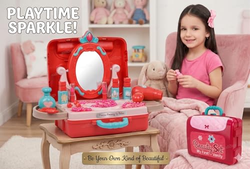 Image of Zest 4 Toyz Makeup Kit Set for Kids 3 in 1 Learning Educational Toy Makeup Set Kit for Girls 6-12 Suitcase Kit with Accessories Pretend Play Set Portable Suitcase Toy Gift for Girls - Pink