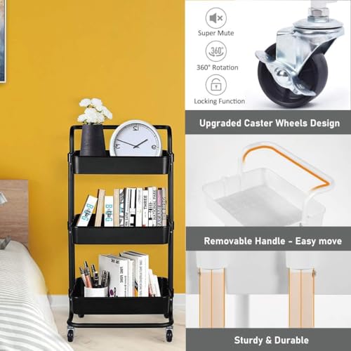 Image of KRISHYAM 3-Tier Mesh Utility Cart with Lockable Wheels, Rolling Metal Storage Organizer, Carbon Steel Kitchen Trolley for Fruits, Vegetables, Bathroom & Home (3-Layer Square with Handle)