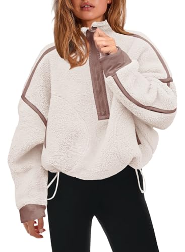 Panadila Damen-Pullover mit halbem Reißverschluss, Sherpa-Fleece, weich, übergroß, Sweatshirt mit Taschen, warm, flauschiger Pullover, Beige, M