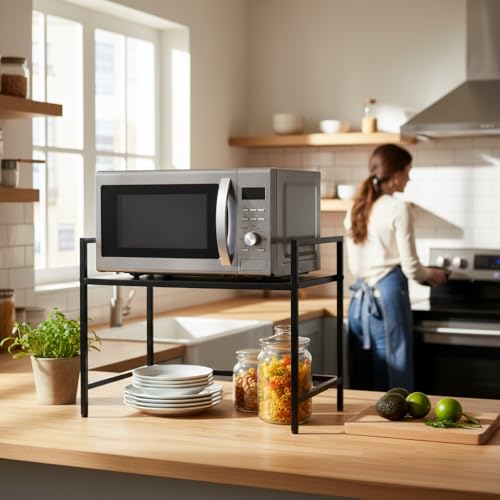 Image of RIZIK STORE Metal Adjustable Microwave Oven Stand for Kitchen Platform | 2-Tier Microwave & OTG Stand | Heavy Duty Organizer Rack | Powder Coated | Black | CRC Steel