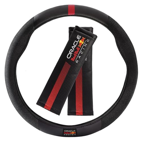 Image of Red Bull Racing Steering Wheel Cover - Universal Fit, Perforated Leather with Cloth Grips, Sporty Design, Protects & Enhances Your Vehicle's Style (RBSWCK001BR)