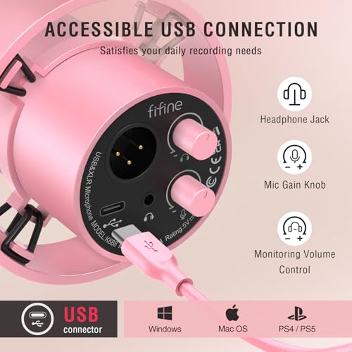 Image of FIFINE XLR /USB Dynamic Microphone, Studio XLR Vocal Podcast Microphone for Recording, USB Streaming Mic with Mute Button, Gain Knob, Headphones Monitoring for Voice-Over, Video-Amplitank K688 Pink