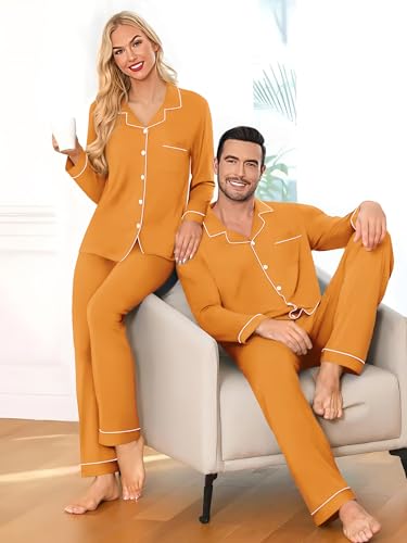 Couples Pajamas Sets Women & Men Long Sleeve Sleepwear Button Down Loungewear Pjs Set with Long Pants3