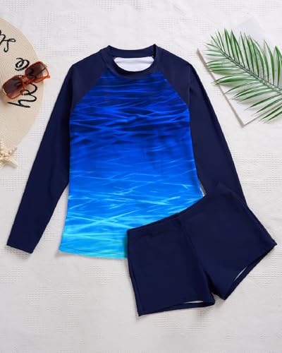 Image of Daci Women Two Piece Rash Guard Long Sleeve Swimsuits with Short UPF 50+ | UPF 50+,High Waisted Short,Long Sleeve,High Neck,Built-in Brief,Quick Dry