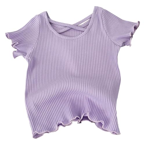 Girls Summer Outdoor Causal Blouse Trendy Ribbed T-Shirt Solid Color Short Sleeve Crossing Neck Shirts Tops