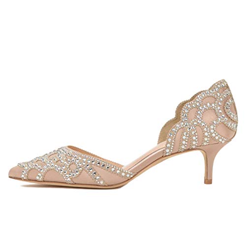 Image of XYD Women's Pumps, Elegant Pointed Toe, D'Orsay Kitten Low Heels, Rhinestone Studs, Slip-On Satin Shoes for Wedding