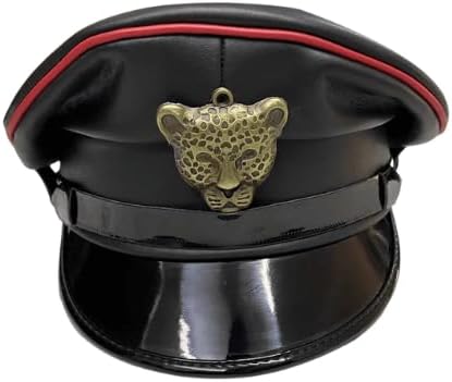 Leather Military Style Cap with Metal Leopard Badge, Black with Red Trim