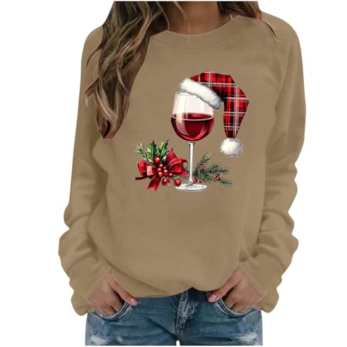 Camisetas de Navidad para mujer, sudaderas con estampado de copa de vino, divertidas, novedosas, cuello redondo, manga larga, casual, ajustadas, para festivales, vacaciones, de forro polar, para salir