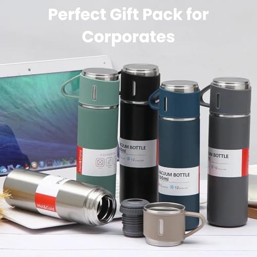 Image of Stainless Steel Vacuum Flask Set with 2 Cups, 500ml Vacuum Insulated Tea & Coffee Bottle, Leakproof Hot & Cold Water Flask, Travel Mug Gift Set for Office, Travel & Diwali (Multicolor)