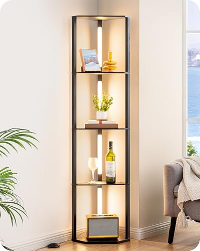 Image of EDISHINE 64'' Corner Display Shelf Floor Lamp, 3CCT, Floor Lamp, Black | Stepless Dimming, Modern 4-Layer Shelf, Foot Switch, 3000K-4000K-5000K, Tall Corner Lamp for Bedroom, Office, Dining Room