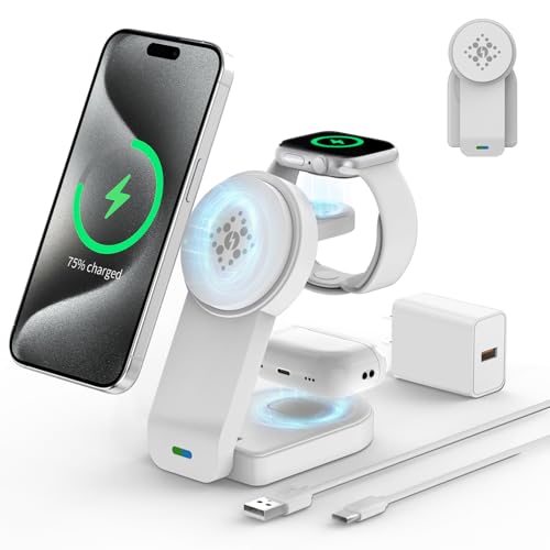 3 in 1 Wireless Charging Station Compatible with Apple Devices,Foldable Magnetic Wireless Charger for iPhone 15/14/13/12,Apple Watch Ultra 2/Ultra/Seires 9/8/7/6/5/4/SE/SE 2,Air-Pods 3/Pro/2(White)