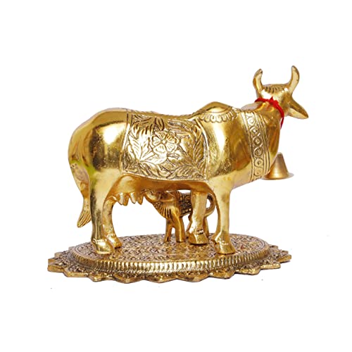 Image of Kamdhenu Cow with Calf Idol for Home Decor | Metal Cow Statue with Intricate Embossed Design | Vastu & Pooja Decorative Showpiece | Temple, Office, Housewarming & Gift Item