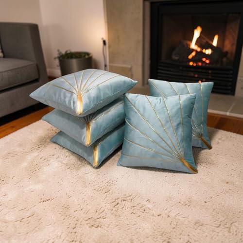 Image of Home Velvet Cushion Cover with Golden Stripes, Aqua Pack of 5, 16x16 to 26x26 Inch (Aqua, 20x20in)