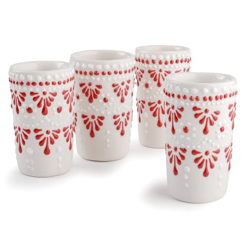 Image of Talavera Shot Glasses Set of 4 Authentic Mexican Tequila Shot Glasses - Hand-painted - 2 Oz (Cascada Sangria Red)