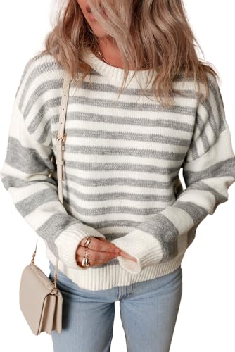 Women's Gray Stripe Drop Shoulder Crew Neck Sweater2