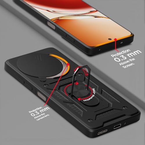 Image of Pikkme D10 Tough Armor Bumper Case | 360 Protection Case | Sliding Camera Shield Cover & Ring Holder Stand Back Cover for Oppo Reno 12 F 5G (Black)