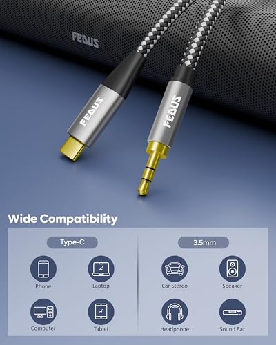 Image of FEDUS XYNC PRO Type C to 3.5mm Aux Cable (Male to Male) with Mic Support & DAC Chip, 1.5 Meter Braided USB C Audio Cord for Car Stereo, iPhone 17 Pro Max, 16, Samsung Galaxy S26 Ultra, S25, iPad