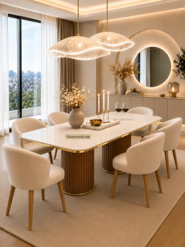 Image of 6 Seater Dining Table and Chair with Nano Composite Marble Top and Golden Strip Set | 72 x 36 x 30 Inch Solid Wood Base with Swed Fabric Finish Dining Furniture for Living Room Home (Cream)
