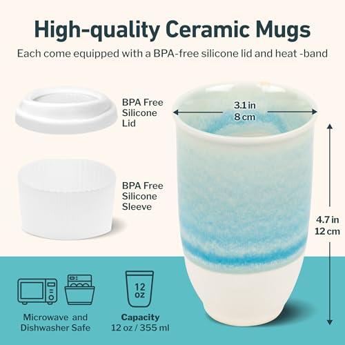 Image of NOVA CERAMICS Travel Mug - Portable Coffee To Go Mug Microwave & Dishwasher Safe Coffee Cups Reusable - Gifts For Women Men Him Her 12oz - Lagoon