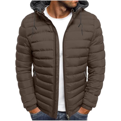 Steppjacke Herren Winter Daunenjacke Leicht Dünne Winterjacke Schwergewicht Jacket mit Kapuze Langarm Herrenjacke Classic Einfarbige Mantel Fashion Bequeme Kapuzenjacke 01 Braun L