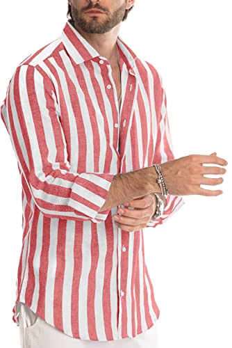 JMIERR Men's Old Money Aesthetic Cotton Linen Shirts Casual Stylish Long Sleeve Button-Up Vertical Striped Dress Shirts Summer Beach Shirt for Men,US 46(XL),Red and White Stripe - Image 3