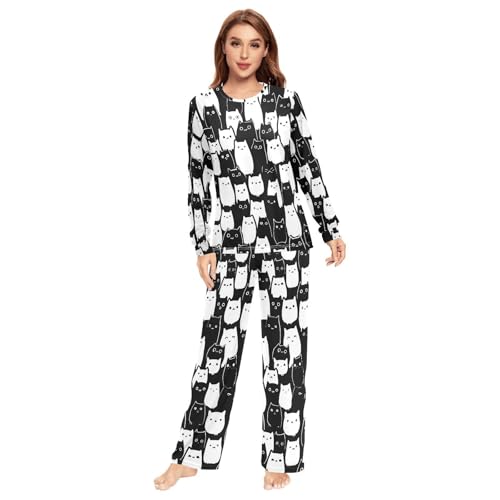 Fustylead Cute Black and White Cat Silhouette Unisex Pajamas Set Long Sleeve 2 Piece Lounge Nightwear Pjs for Men & Women