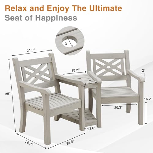 Image of Psilvam 2-Person Poly Lumber Conversation Bench with Middle Side Table,Gray