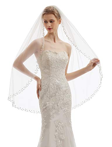 Elawbty Womens 1 Tier Fingertip Length Pearl Wedding Bridal Veil With Comb X12 Ivory #TOP3