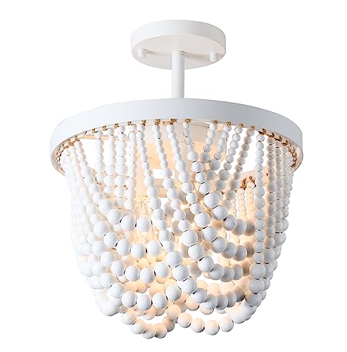 White Chandelier Small Wood Beaded Chandelier Lighting Farmhouse Semi Flush