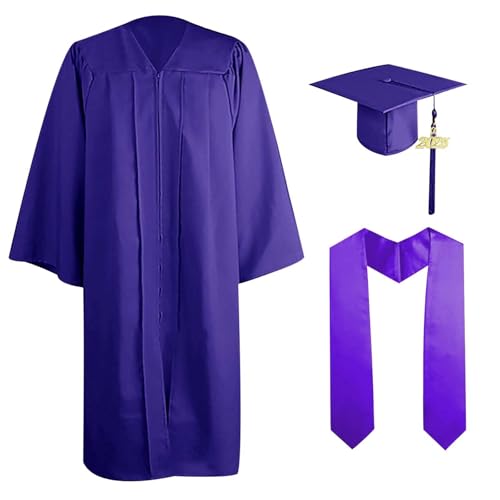 Vestido de graduación con gorro a juego para adultos unisex diseño 2024 año encanto moda festiva bata académica, morado, 44
