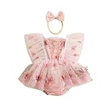 Hnyenmcko Newborn Baby Girl Lace Romper Dress Fly Sleeve Floral Embroidery Tutu Dress Headband Infant Summer Outfits (Lace-Pink S, 3-6 Months)