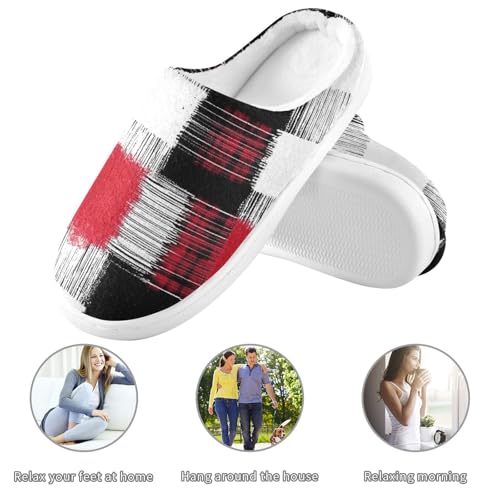 JUNZAN Buffalo Plaid Check White Red Womens Cotton House Slippers Non Slip Memory Foam Foam Slippers for Spa Christmas Presents 6-73