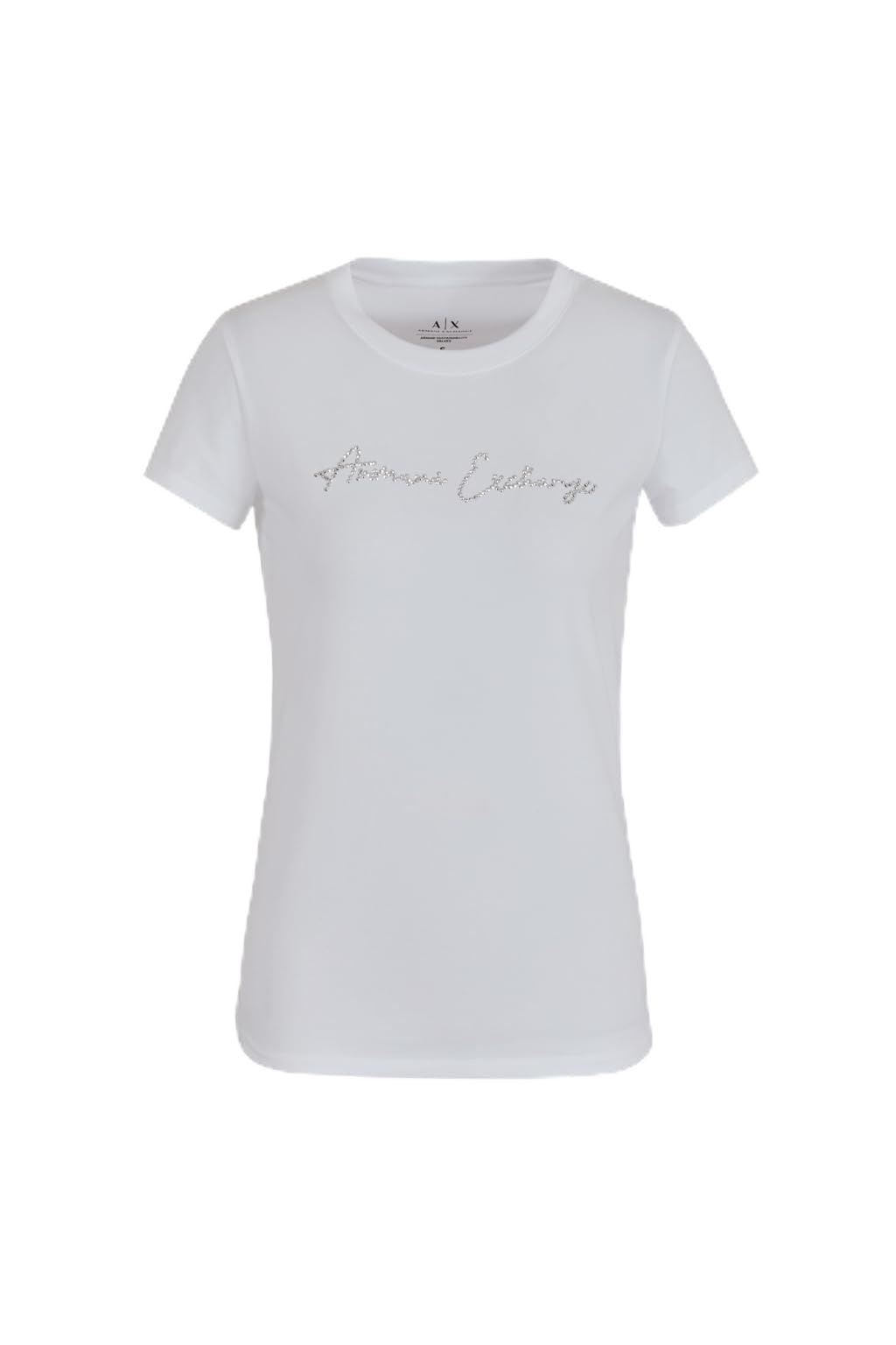 Armani Exchange Women's Rhinestone Script Logo Cotton Crewneck T-Shirt Optic White, XS