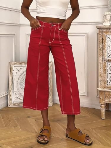 Flamingals Wide Leg Cropped Pants for Women Mid Rise Casual Straight Leg Capri Pants2