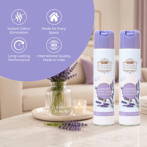 Image of Next Care English Leather Air Freshener Spray 220ml Each | Long Lasting Room Freshener for Home, Office & Car | Odour Eliminator (Lavender Pack of 2)