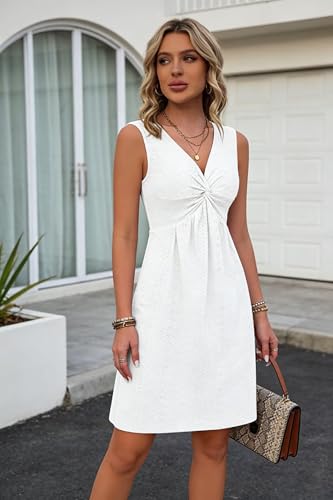 Image of VKEGNIO Twist Front V Neck Ruffle Sleeveless Dress for Women Sexy Elegant Club Party Tunic Dress Casual Vacation Mini Dresses