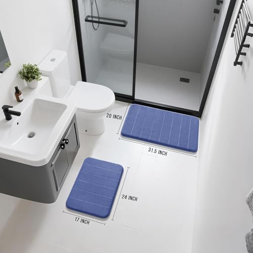 Image of Yimobra Memory Foam Bathroom Rugs Sets 2 Piece - Super Soft Absorbent Quick Dry Bath Mat Set, Machine Washable Non Slip Floor Carpet for Tub Shower & Single Sink (17x24 & 31.5x20 Inch, Navy Blue)