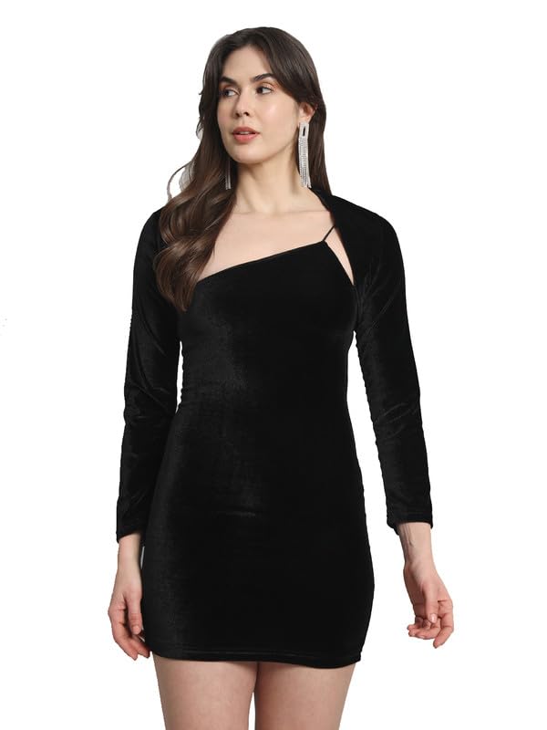 Bodycon Party Dress for Women with Cardigan | Shiny Velvet One Shoulder Mini Outfit