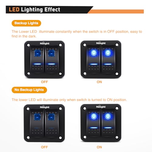 Image of Nilight 90106B 2 Gang Rocker Switch Panel 5 Pin On Off Pre-Wired Rocker Switch Aluminum Panel Waterproof Switche Panel for 12V /24V Automotive Cars Marine Boats ATVs Trailers,2 Years Warranty , Blue
