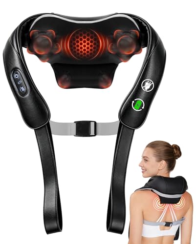 LOOMELL Neck Massager with Heat Cordless: Shiatsu Back Shoulder Massage Tools for Pain Relief Deep Tissue Electric 4D Kneading for Muscle Remedy Lymphatic Drainage Gifts for Men Women Mom Dad (Black)