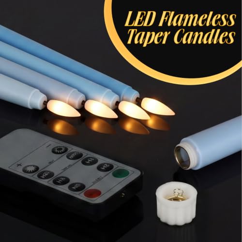 Image of Rossesay 16 Pcs Ocean Blue Flameless Taper Candles Battery Operated Candles with Remote Timer 8.5 inch 9.6 inch 10.8 inch 12.8 inch Multiple Sizes LED Flickering Candlestick for Wedding Party Centerpieces Decor